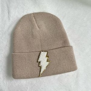 Tan Beanie Hat with White Lightning